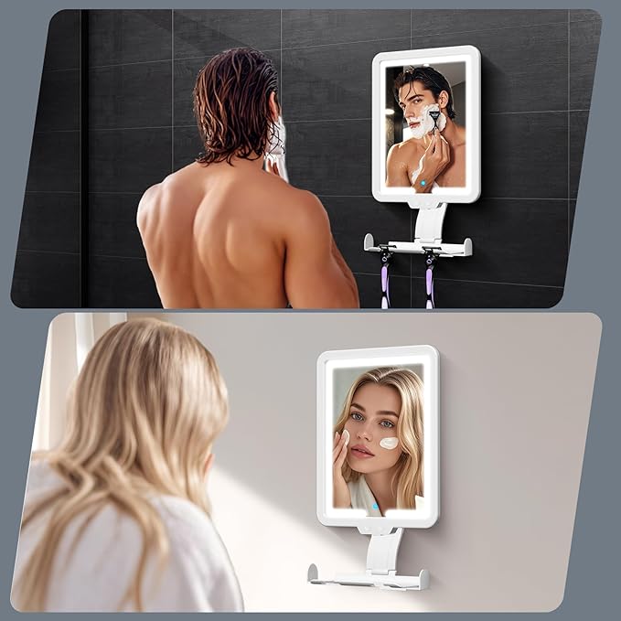 9.2 * 8inch Heated Shower Mirror Fogless for Shaving with Lights, 3 Color Dimmable Lighting Shower Mirror Anti-Fog Shower Shaving Mirror, Wall-Mounted Bathroom Accessories