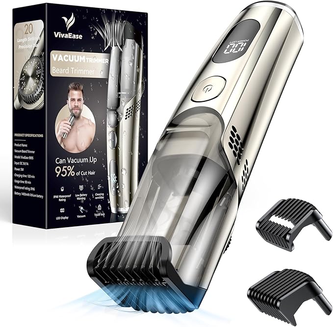 Vacuum Beard Trimmer for Men, New Version Adjustable Precision Trimming Length with 2 Comb, Electric Cordless Vacuum Trimmer for Beard, Waterproof and Rinses Easy, Blades for Skin fit