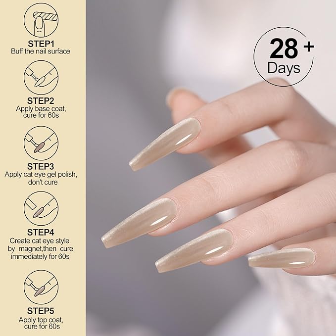 Adhere 7Pcs 12ML Cat Eye Soak Off UV LED Gel Nail Polish Set, Reflective Glitter Cat Eye, Sparkling Diamond Magnetic Champagne,Light purple,Romantic Pink Color with Magnet