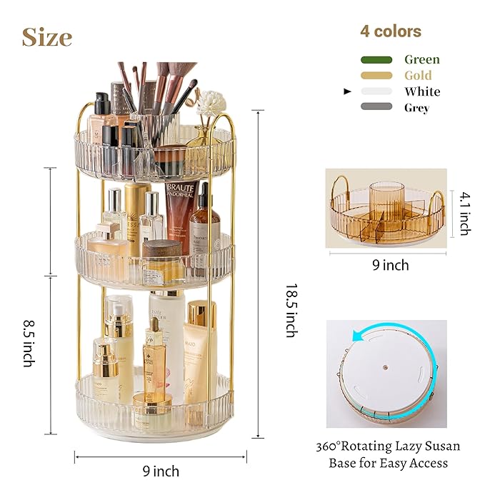 Aveniee 360° Rotating Makeup Organizer for Vanity, Perfume Skincare Bathroom Countertop Organizers, 3 Tier Spinning Skincare Storage with Brush Holder for Lipstick Cosmetic Lotion(White)