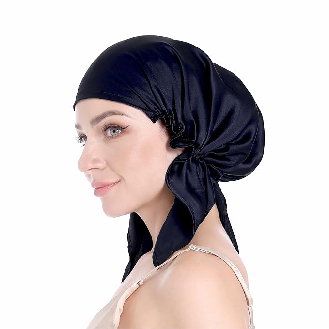 100% Silk Bonnet for Sleeping, Hair Bonnet with Tie Band, Large Silk Sleep Cap for Curly Hair, Silk Hair Wrap for Hair Care