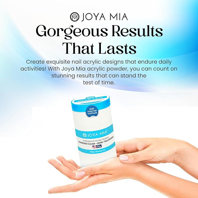 Joya Mia Acrylic Powder for Nails, MMA-Free, Super Adhesion Professional Powder for Flawless & Long-Lasting Nail Enhancements, Easy Application, Vibrant & Stunning Colors - Diamond Clear, 32 oz
