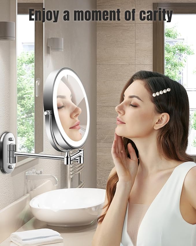 30X/1X Wall Mounted Lighted Makeup Mirror, 8'' Double Sided Rechargeable Magnifying Bathroom Mirror with Light, 3 Color Lights Touch Dimmable Extended Arm 360 Rotation Light up Mirrors