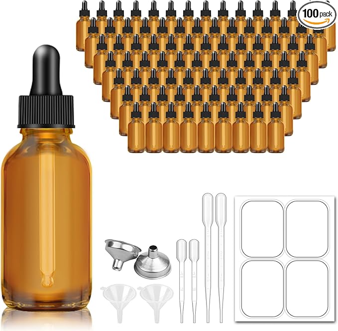 1oz Dropper Bottles for Essential Oils, 100 Pack 30ml Amber Glass Dropper Bottles with Eye Dropper, 10 Funnel and 10 Long Dropper, Empty Tincture Bottles for Travel, Home use