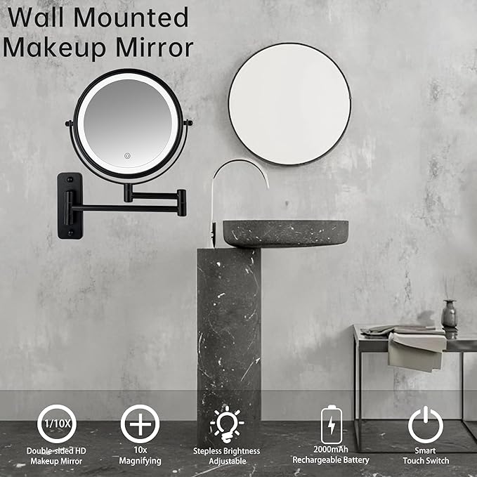 JANEEVA 8" Wall Mounted Lighted Makeup Mirror,Rechargeable Double Sided 1X/10X Magnifying Mirror with 3 Color Lights,Touch Dimmable Bathroom Vanity Mirror with 360°Swivel Extendable Arm Matte Black