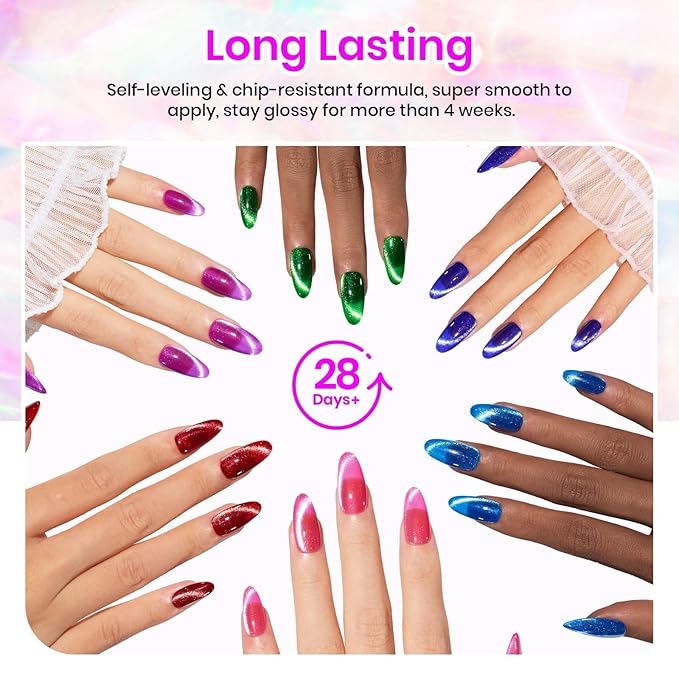 Beetles Cat Eye Gel Nail Polish, 6 Colors Cat Eye Glitter Gel Polish Set Spring Summer Neon Colors Red Pink Purple Blue Green with Magnet Velvet Kit French Nail Art Manicure Gift for Women