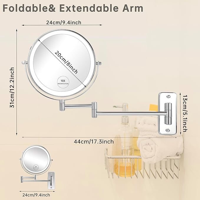 JANEEVA 10X Wall Mounted Lighted Makeup Mirror, Rechargeable Double Sided 1X/10X Magnifying Vanity Mirror with 3 Color Lights, Touch Dimmable, Extended Arm 360° Rotation, 8 inch