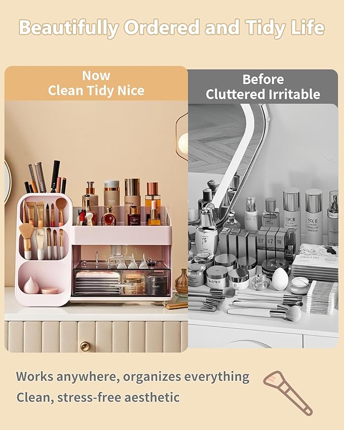 Makeup Organizer with Drawers, Skincare Organizer (Large Size Thick), Storage Box Cosmetic Display Cases, Make up Organizers for Vanity, Dresser, Desk, Kitchen, Countertop (Pink)