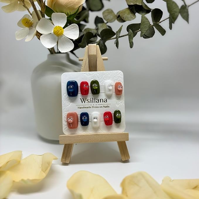 Wsliana Nails Handmade Press On Nails Square Shape,Short False Nail with Multicolor Design and Small Eye Decorations, 10pcs Glue On Acrylic Fake Nails with Storage Box | Cute and Stylish (024 M)