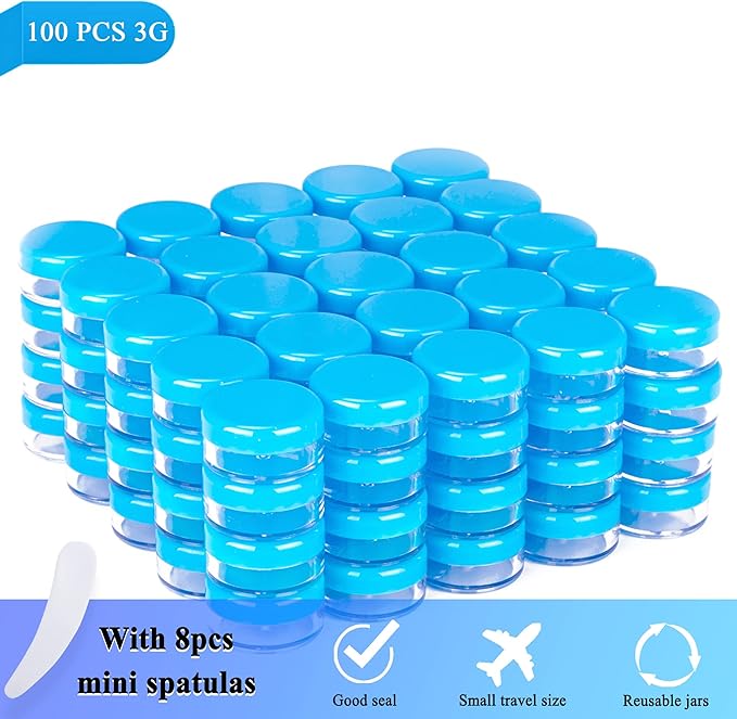 100PCS 3 Gram Sample Containers, 3ml Empty Jars with Lids, Small Cosmetic Containers, Mini Sample Jars with 8PCS Mini Spatulas for Make Up, Oils, Lotion, Powder, Paint, Jewelry, Lip Balms(Blue Lid)