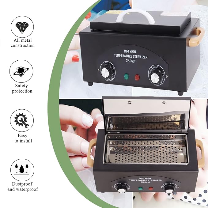 Sterilizer for Nail Tools High Temperature Metal Cleaning 2L Tattoo Equipment High Temp for Spa Salon Barber Shops Salon Hairdressing Tool Earrings Dry Heat Multi-functional with Timer Manicure Black