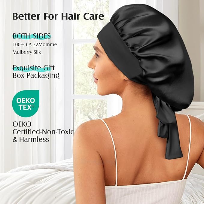 YFONG 100% 22 Momme Mulberry Silk Bonnet for Sleeping Women, Larger Double Layer Silk Hair Wrap for Curly Short Long Hair, Non-Slip Sleep Cap Turban with Elastic Tie Band for Hair Care, Black