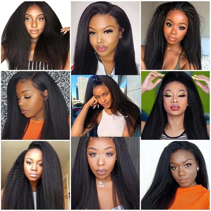 #1B Kinky Straight Bundles Human Hair Natural Color Yaki Straight Bundles Brazilian Human Hair Extensions Soft and Silky for Black Women 20 22 24 Inch