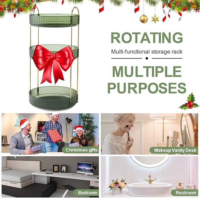 360° Rotating Makeup Organizer, Bathroom Make Up Spinning Holder Rack, Large Capacity Cosmetics Storage Vanity Shelf Countertop, Fits Cosmetics, Perfume, Skincare(3 Tiers, Green)