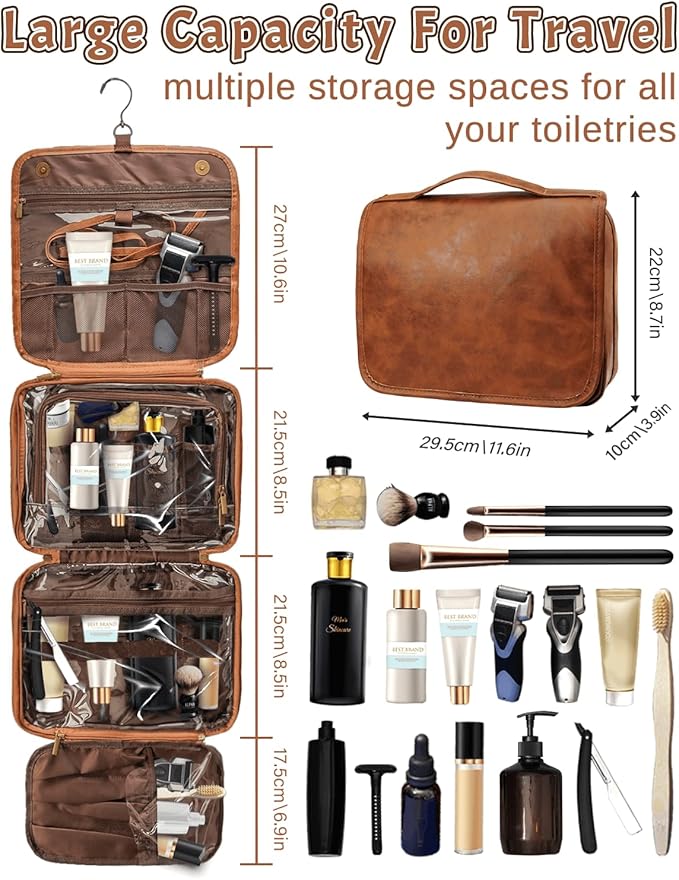 3-in-1 Extra Large Personalized Toiletry Bag For Men, Custom Engraved Leather Travel Organizer Bag, Engraved Name Waterproof Dopp Kit & Gifts for Him Husband Father (Father's Day, Christmas)