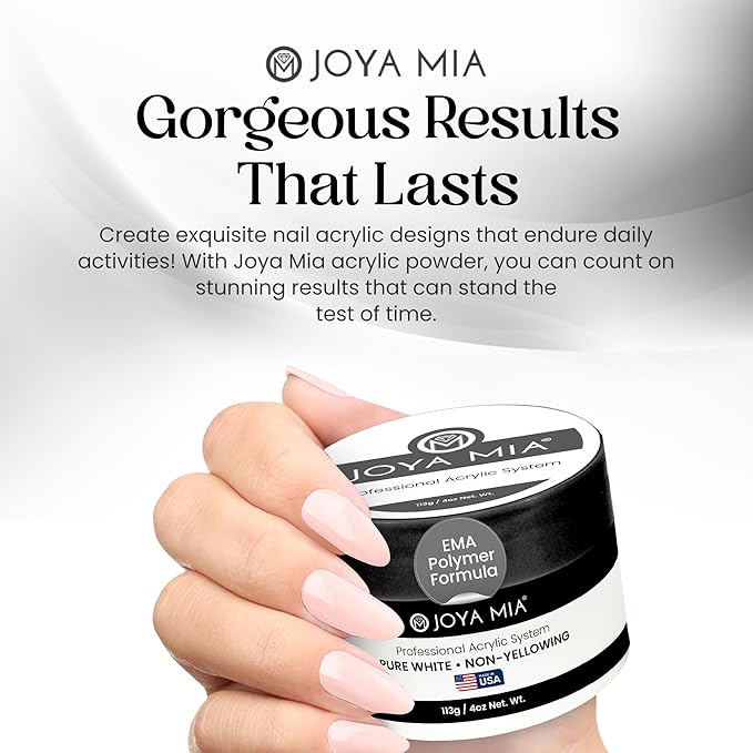 Joya Mia Acrylic Powder for Nails, MMA-Free, Super Adhesion Professional Powder for Flawless & Long-Lasting Nail Enhancements, Easy Application, Vibrant & Stunning Colors - Pure White, 4 oz