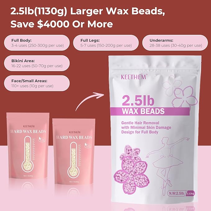 Wax Beads, Hard Wax Beads Hair Removal - 2.5 lbs Wax Beads for Sensitive Skin - Hard Wax Recommended for Full Body Bikini Brazilian Waxing (Cherry Blossom)