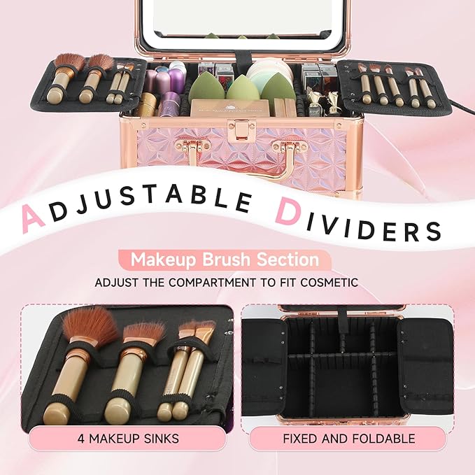 Leeora&Leekoo Makeup Box with LED Mirror & Aluminum Frame, Compact Multi-Layer Cosmetic Organizer - Portable ABS Travel Train Case for Makeup Storage(Gift for Girlfriend/Daughter) (Pink)