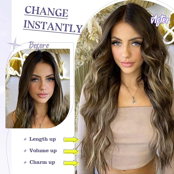 20 Inch Clip in Synthetic Hair Extensions 5Pcs Light Brown Blonde Mix Wavy Curly Hairpieces for Women Thick & Natural-Looking