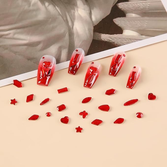 Red Nail Art Rhinestones 12 Kinds of 600 PCS + 6600 Pieces Flat Back Rhinestones Mixed Different Size Flat Back Rhinestones Crystals 3D Decoration Flat Back Stones Gemstone Set for Nail Art DIY