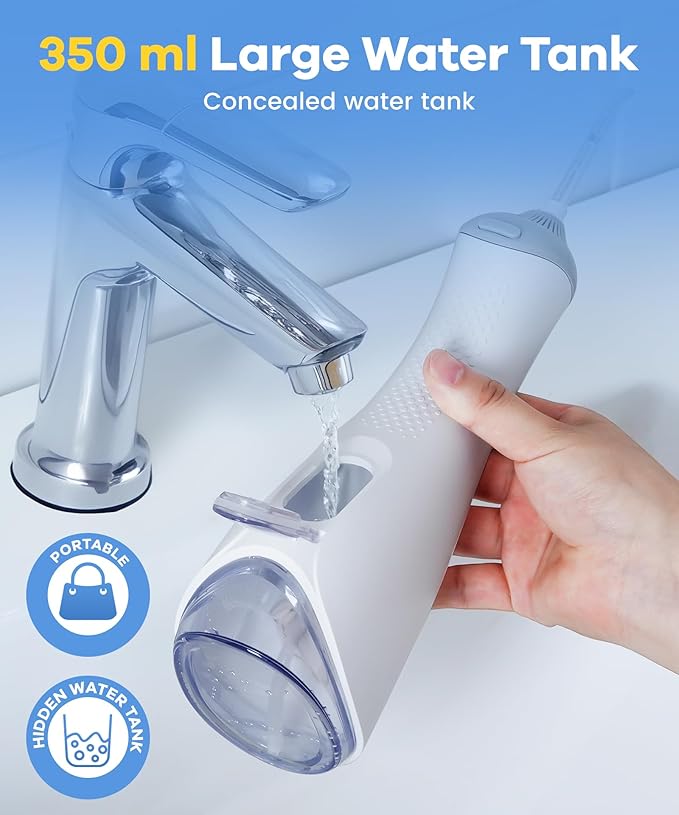 Water Flosser with U-Shape Tips & 4 Modes, 350ml Cordless Dental Irrigator, IPX8 Waterproof, 8 Replacement Tips for Teeth Braces Care (White)