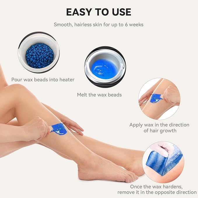 Waxing Kit for Women Men, Digital Wax Kit with Silicone Bowl & 4 Bags Hard Wax Beads, Portable Wax Warmer for Sensitive Skin Full Body Hair Removal, Brazilian Bikini, Eyebrow, Face (Black)