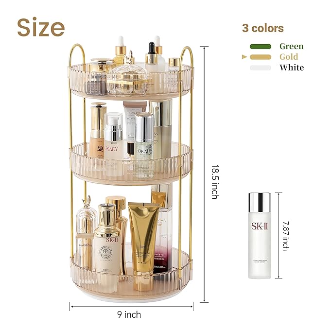 Aveniee Rotating Makeup Organizer for Vanity, 3 Tier Perfume Skincare Organizers and Storage for Bathroom Countertop, Clear Spinning Counter Shelf Cosmetic Holder for Dresser(Gold)