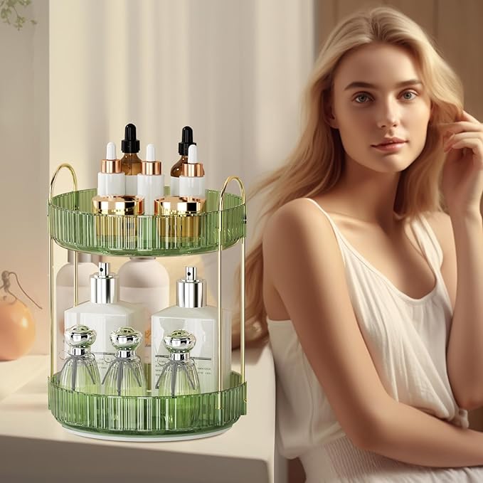 360° Rotating Makeup Organizer for Vanity - 2 Tier Perfume Organizer with Large Capacity - Skincare Organizer for Bathroom Counter - Space-Saving Cosmetic Storage for Dresser Countertop (Green)