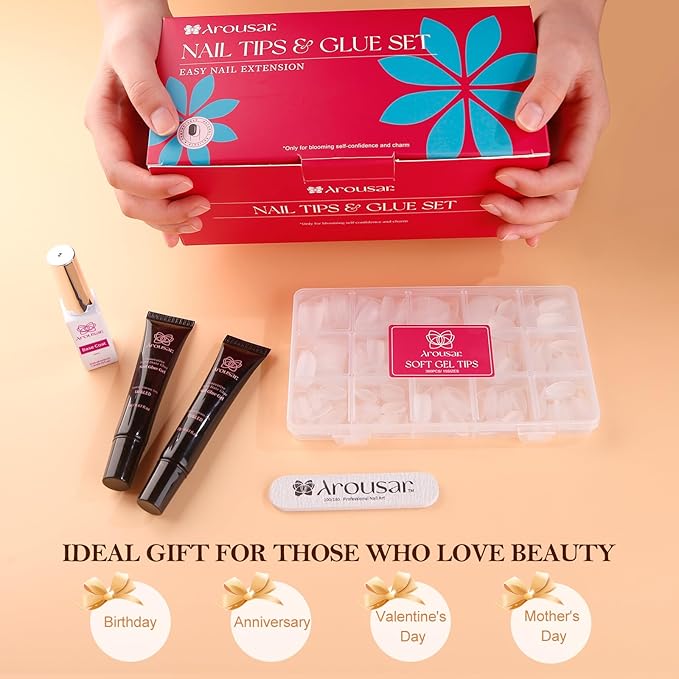 360pcs Short Almond Nail Tips Kit, Clear Acrylic Nail Extension Set in 15 Sizes, Matte Full Cover Press on False Nail Tips with 20ml*2 Glue Gel & UV Nail Lamp, Spring Summer DIY Salon Gift