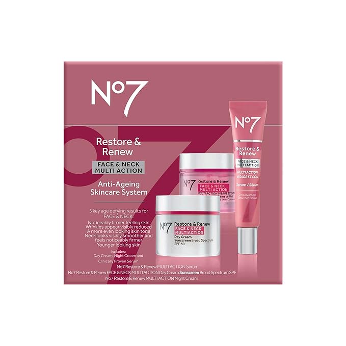 No7 Restore & Renew Face & Neck Multi Action Skincare System - SPF 30 Day Cream with Vitamin C & Collagen Peptides + Anti Aging Facial Serum + Hyaluronic Acid Hydrating Night Cream (3 Piece Kit)