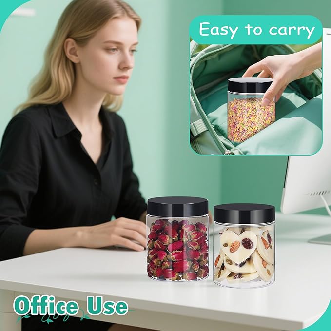 36pcs 16 oz Plastic Containers with Lids Pen Labels Leak Proof BPA Free Airtight Refillable Clear Small Containers Storage Jars for Storing Dry Food Makeup Slime Honey Jam,black