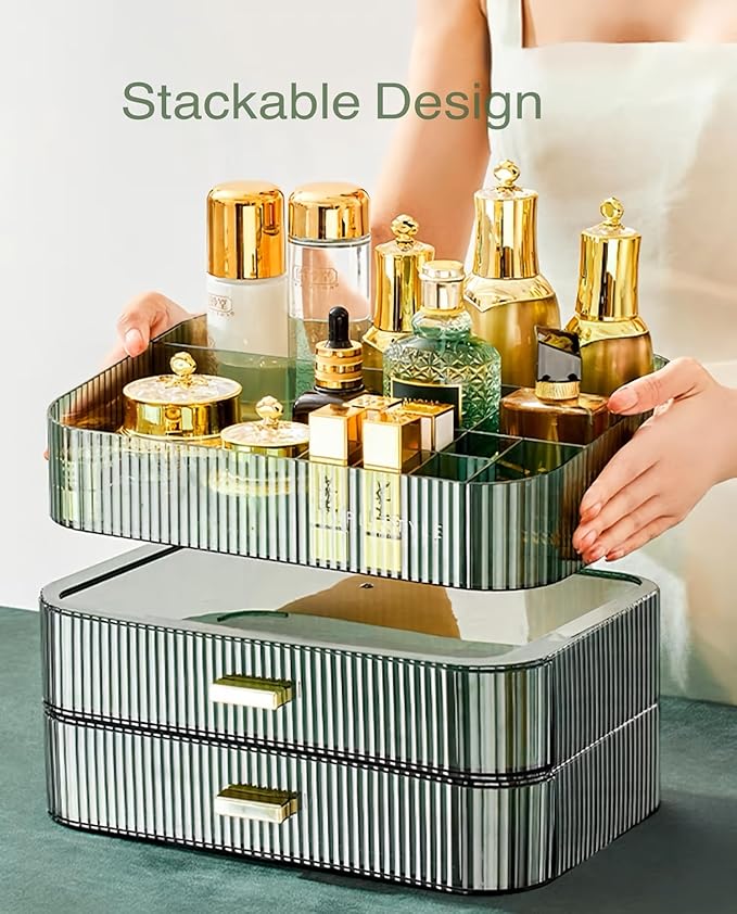 Makeup Organizer for Vanity, Large Desk Organizer with Stackable Drawer for Cosmetics, Skincare, Lipsticks, Eyeshadow Palette, Nail Care, Ideal Storage for Dresser and Bathroom Countertop-Green