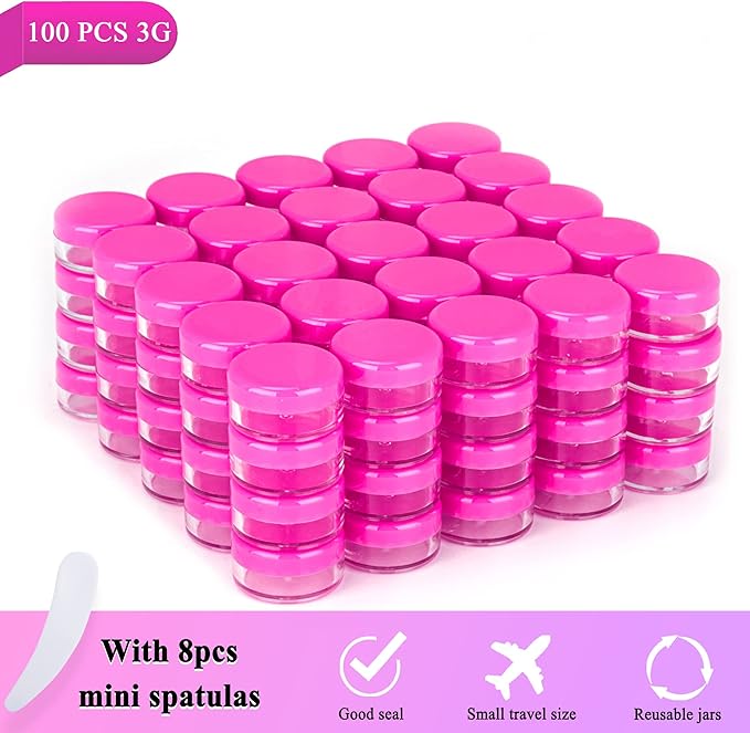 100PCS 3 Gram Sample Containers, 3ml Empty Jars with Lids, Small Cosmetic Containers, Mini Sample Jars with 8PCS Mini Spatulas for Make Up, Oils, Lotion, Powder, Paint, Jewelry, Lip Balms(Pink Lid)
