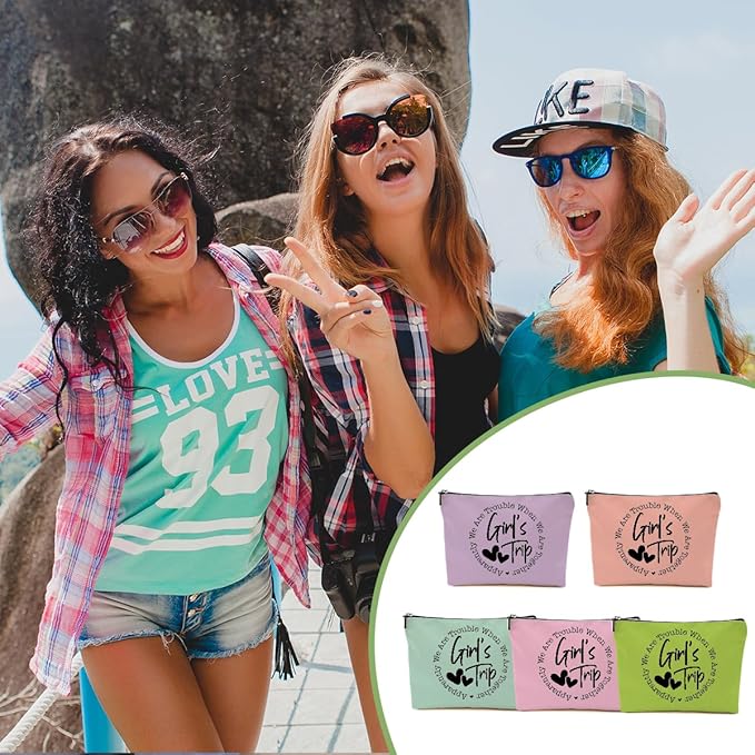 5Pcs Girls Trip Gifts Favors, Girls Weekend Gifts Makeup Bag, Bestie Gifts Weekend Bag Vacation 2025 Cosmetic Bag, Friendship Gifts for Women Her Bride, Graduation Wedding Gifts Toiletry Bag