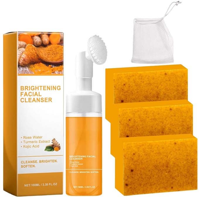 Turmeric Wash and Care Two Piece Set, Tuemeric Facial Cleanser & Turmeric Soap Combo, Turmeric Cleansing Mousse, Turmeric Face Wash and Soap Bundle for Face & Body, Deep Cleansing