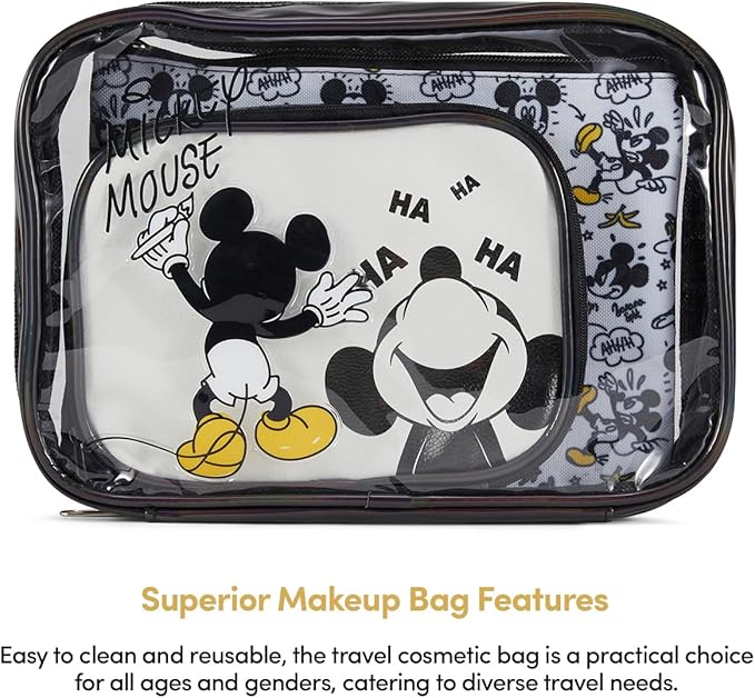 Mickey Mouse Cosmetic Case Set - Officially Licensed Mickey and Minnie Mouse Travel Cosmetic Case 3 Piece Set - Girls, Boys, Teens, Adults (Black Mickey)