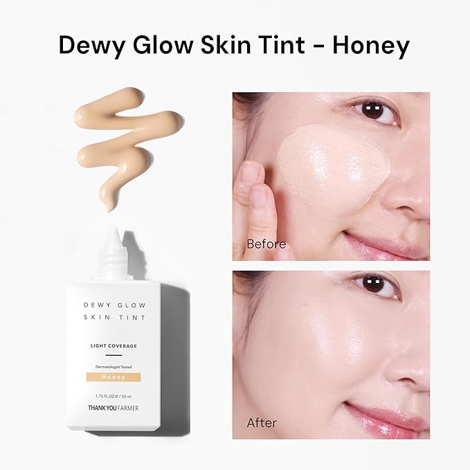THANK YOU FARMER Dewy Glow Skin Tint, Long-Lasting Tinted Moisturizer, Light coverage, Vitamin B3, Niacinamide, Adenosine, Korean Beauty Makeup Dermatologist Tested, Honey, 1.75 fl oz