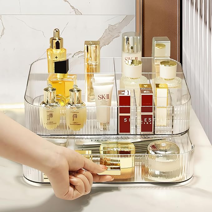 Clear Makeup Organizer for Vanity, Large Desk Organizer with Stackable Drawer for Cosmetics, Skincare, Lipsticks, Palette, Nail Care, Ideal Storage for Dresser and Bathroom Countertop