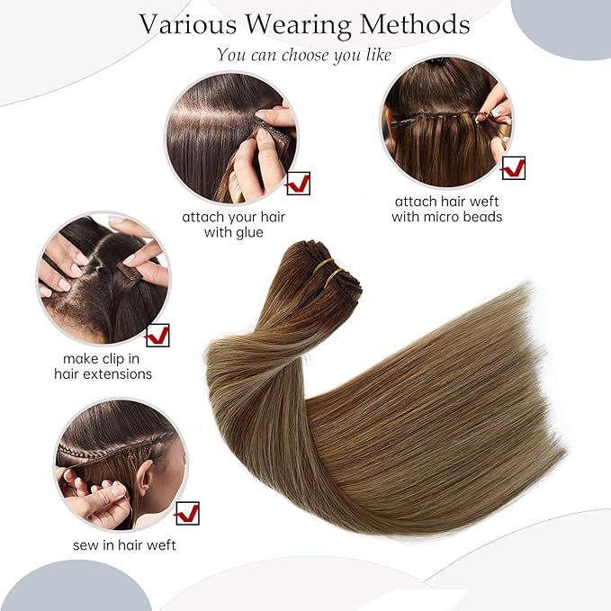 Sew in Bundles Hunan Hair Weft Extensions 22 Inch Ombre Brown Balayage Ash Blonde Highlights Hair Extensions Real Human Hair Sew in 120G Hand Tied Weft Human Hair Bundles Weave Extensions for Women