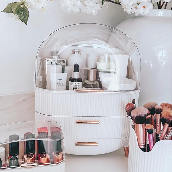 ZOOFOX 3 Pack Makeup Organizer, Cosmetics Storage Display Case with Lipstick and Makeup Brush Organizer, Portable Handle Skincare Holder for Bathroom Countertop, Dresser