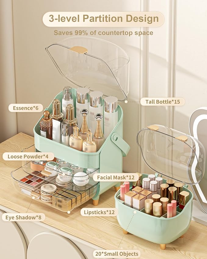 Makeup Organizer, Skincare Holder Bathroom Counter Organizer, Storage Box Cosmetic Display Cases, Teen Girl Gifts Trendy Stuff Make up Organizers for Vanity, Dresser, Countertop (Green)
