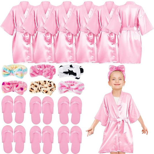 Jecery 18 Pcs Spa Party Supplies for Girls 6 Satin Kimono Robe 6 Spa Headband 6 Disposable Foam Pedicure Slippers (Pink,Size 14)