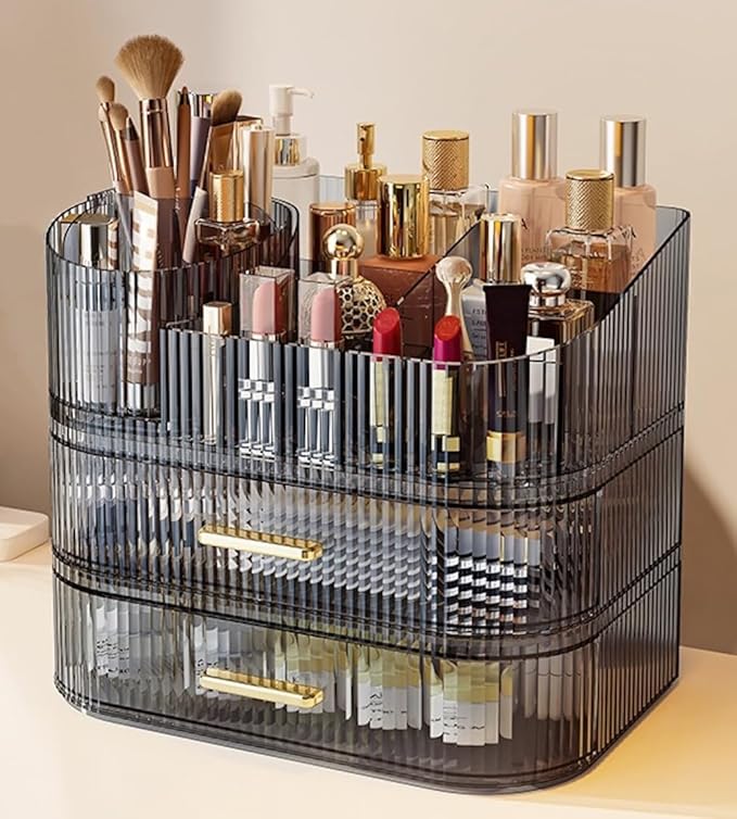 Makeup Organizer with Drawers and 360° Rotating Brush Holder, Large Capacity Cosmetic Storage for Vanity, Skincare, Perfume, Hair Accessories, Lipstick & Jewelry (Transparent Gray, 3-layer)