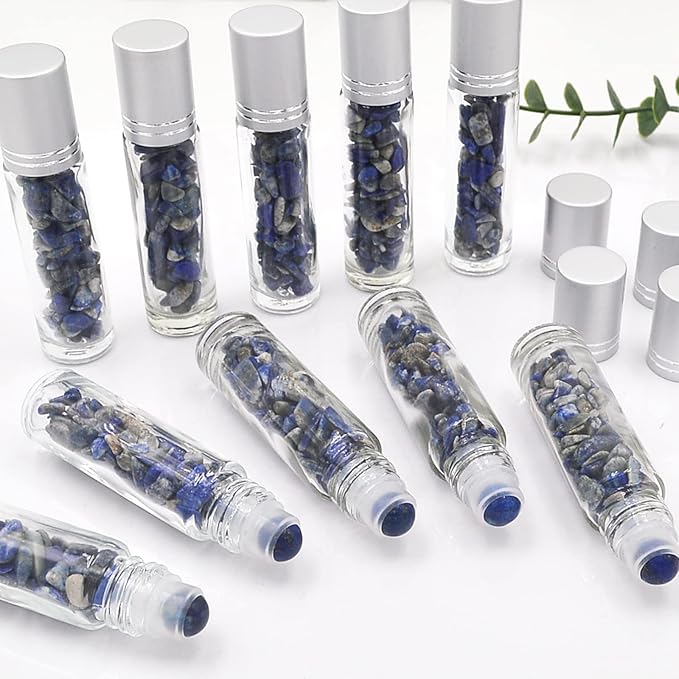 Essential Oil Roller Bottle 10ml w EVA Carrying Travel Case(Clear Glass Bottle with silver Cap、10pack、Gemstone Roller Balls、Healing Crystal Chips Inside、Opener)Gemstone Roller Ball Bottles