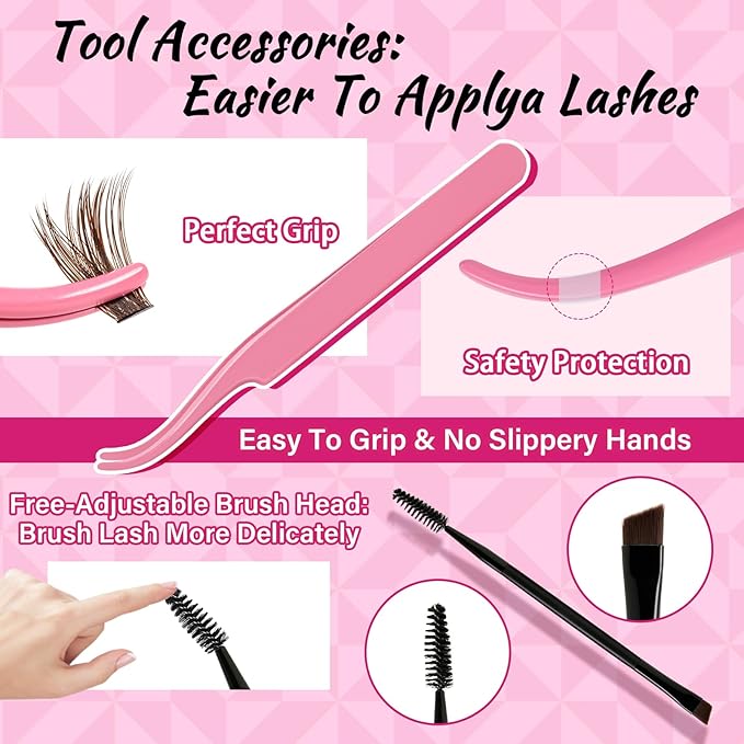 Brown Lash Extension Kit 280pcs Brown Lash Clusters Eyelash Extension Kit With Lash Bond And Seal Lash Remover Lash Applicator Eyelash Brush Easy to Apply at Home for Self Use (60D+80D-9-16mix Kit)