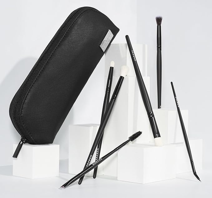 Morphe Eye Stunners Makeup Brushes - 6 Piece Eyeshadow Brush Set - Lining, Blending & Angled Eyeshadow Brushes - Made with Natural & Synthetic Bristles and Includes Makeup Brush Case (6 Count)