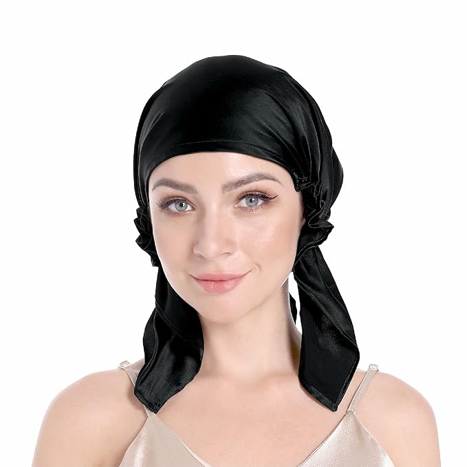 100% Silk Bonnet for Sleeping With Tie Band, Large Sleep Cap for Curly Hair, Wrap for Hair Care - Rich Black