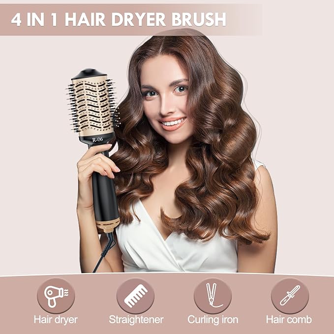 Hair Dryer Brush Blow Dryer Brush in One, 4 in 1 Hair Dryer and Styler Volumizer with Oval Barrel, Professional Salon Hot Air Brush for All Hair Types, Gold