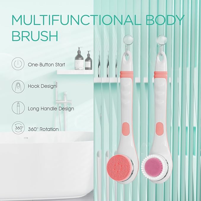 VOYOR Electric Body Brush Back Scrubber for Shower Rechargeable Exfoliating Bath Brush Powered Shower Brush with Non-Slip Long Handle Deep Cleansing, Exfoliation, Massaging Spin Brush BC100 (Pink)