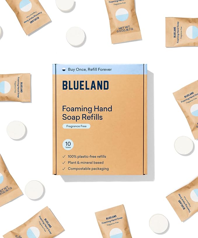 BLUELAND Foaming Hand Soap Refill Tablets, 10-Pack, Fragrance-Free, Eco Friendly Cleaning Products, 10 x 9 Fl oz
